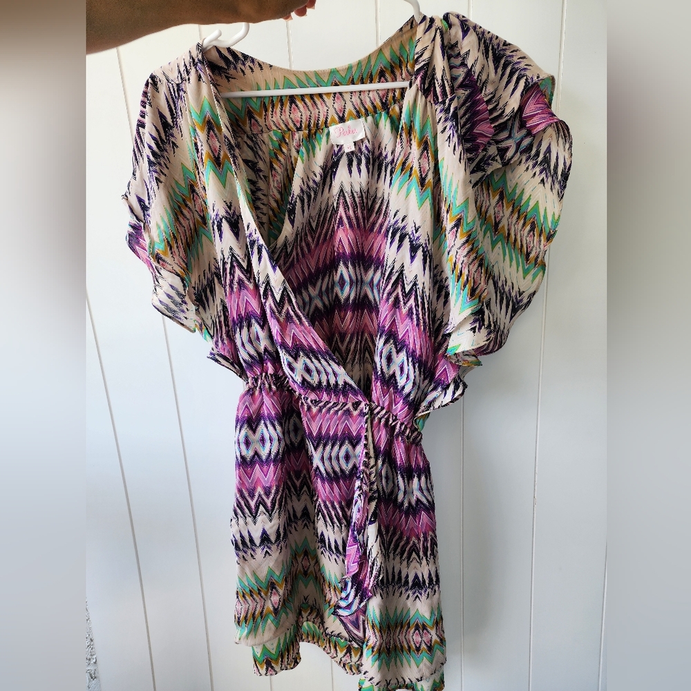 100% Silk Parker Chevron Colorful Patterned Ruffle Sleeve Dress Xs